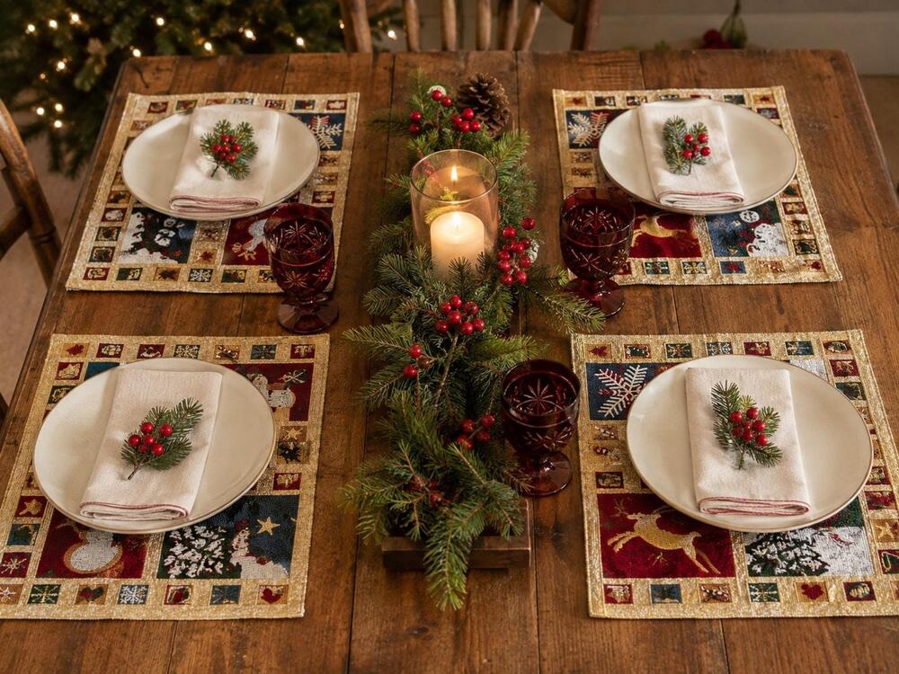 Vintage Christmas Tapestry Placemats, Woven Holiday Table Linens (Set of 4)